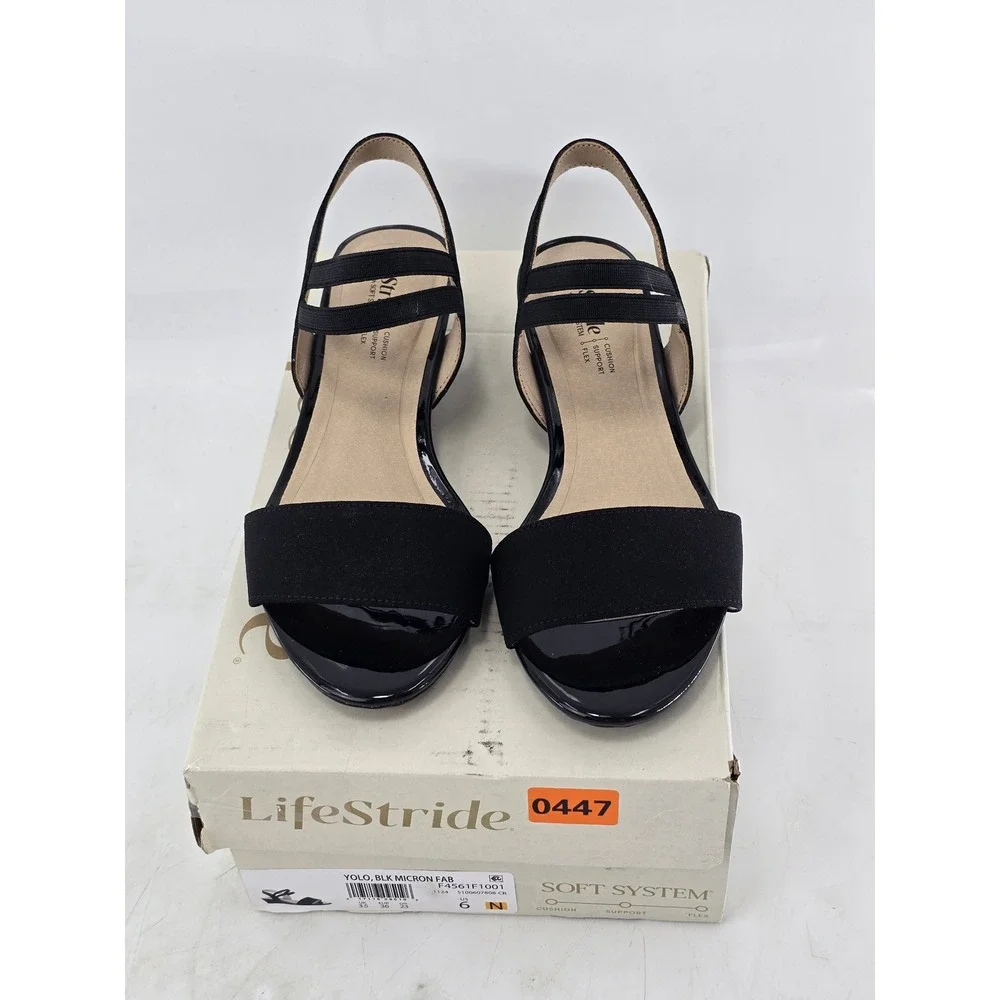 LifeStride Yolo Wedge Sandals Womens 6N Black Elastic Strappy Open Toe -New